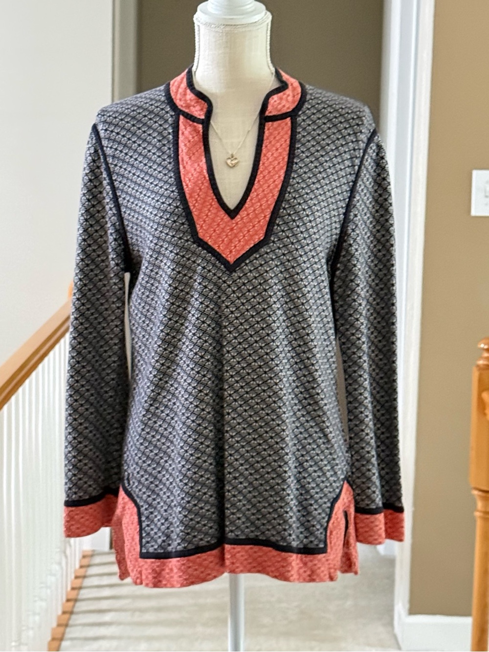 Tory Burch Coral and Black Patterned Knit Sweater Tunic